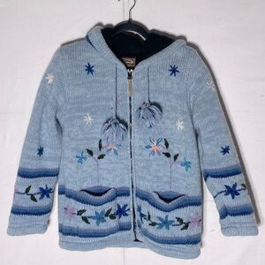 Kyber Blue Knit Full Zip Lined Wool Snowflake Flower Hoodie Sweater S